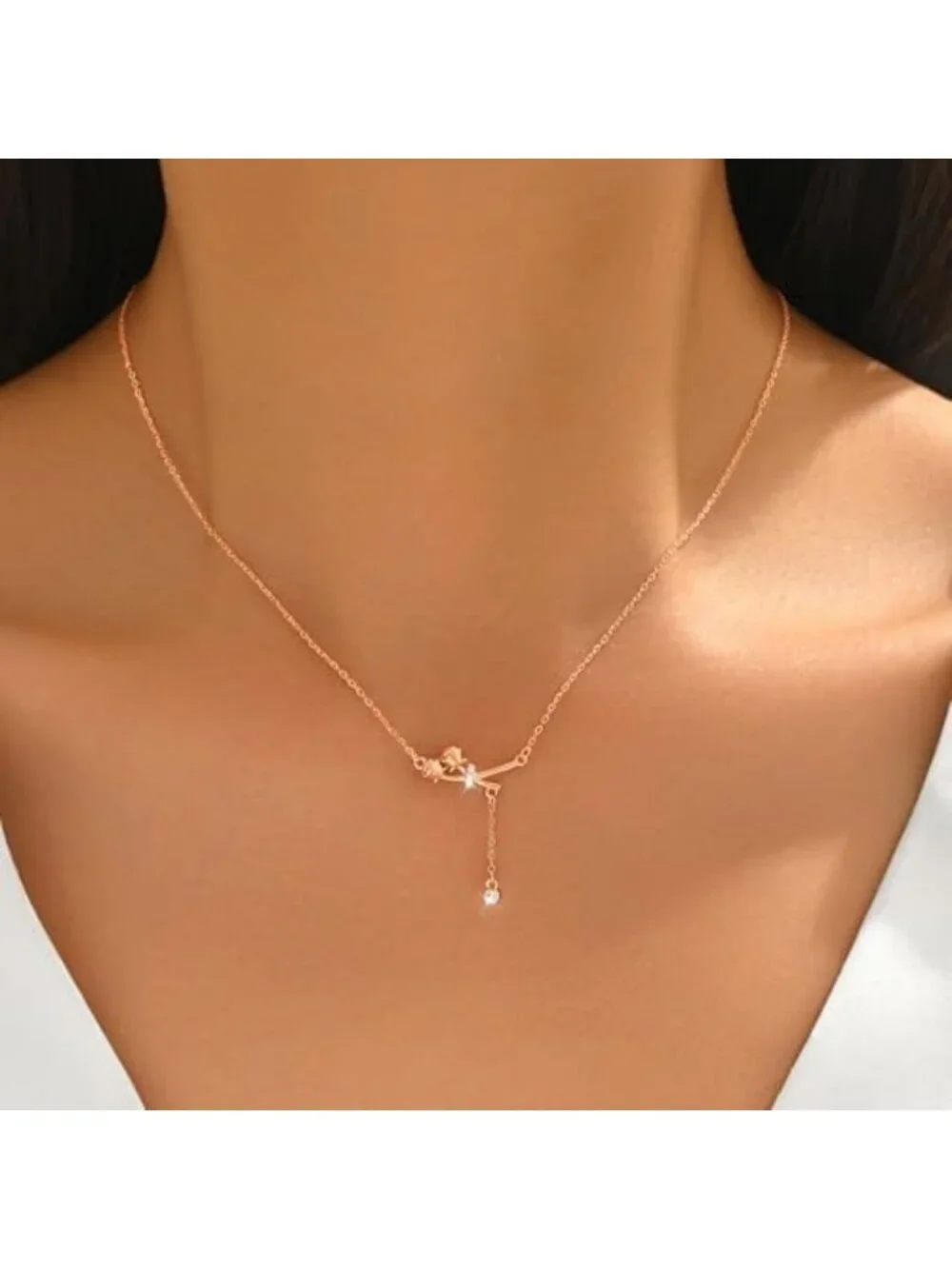 Dainty 925 Sterling Silver Rose Necklace with Cubic Zirconia for Women, Elegant